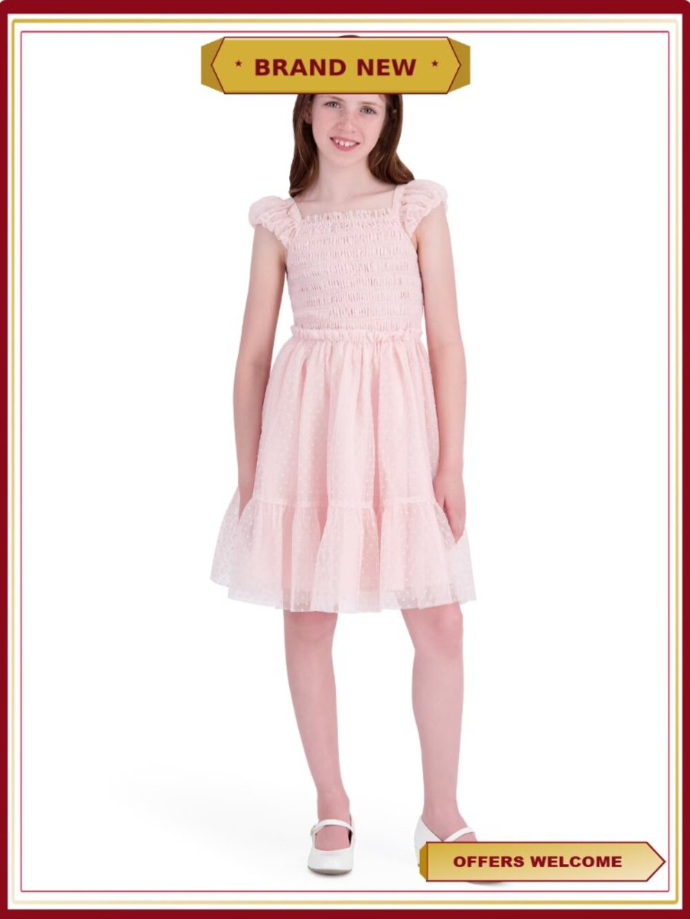 Sleeveless Swiss Dot Mesh Dress Square Neck Smocked Bodice Puff Sleeve